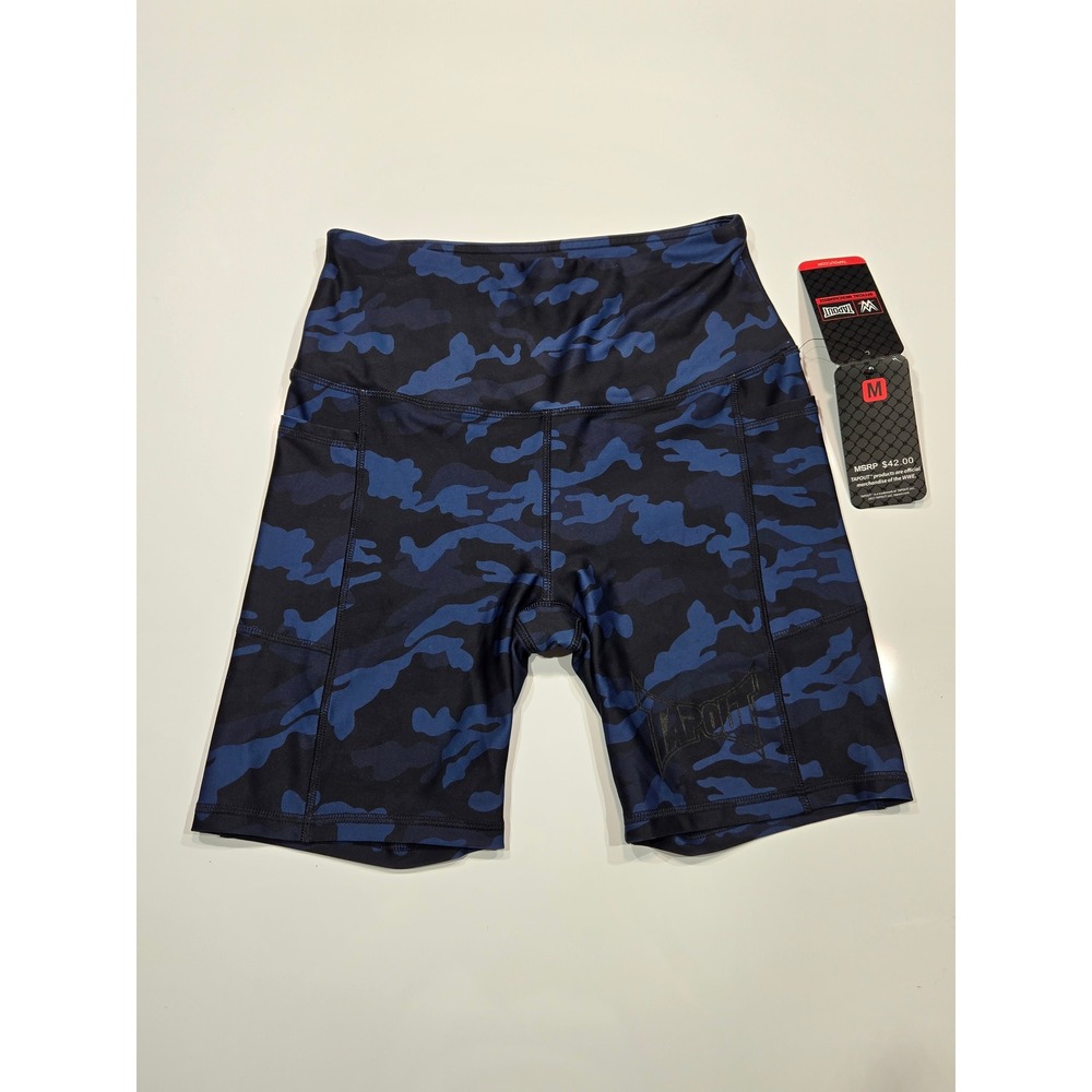 WWE Tapout Medium Blue‎ Camo High Waist Pocket Bike Shorts Womens Activewear